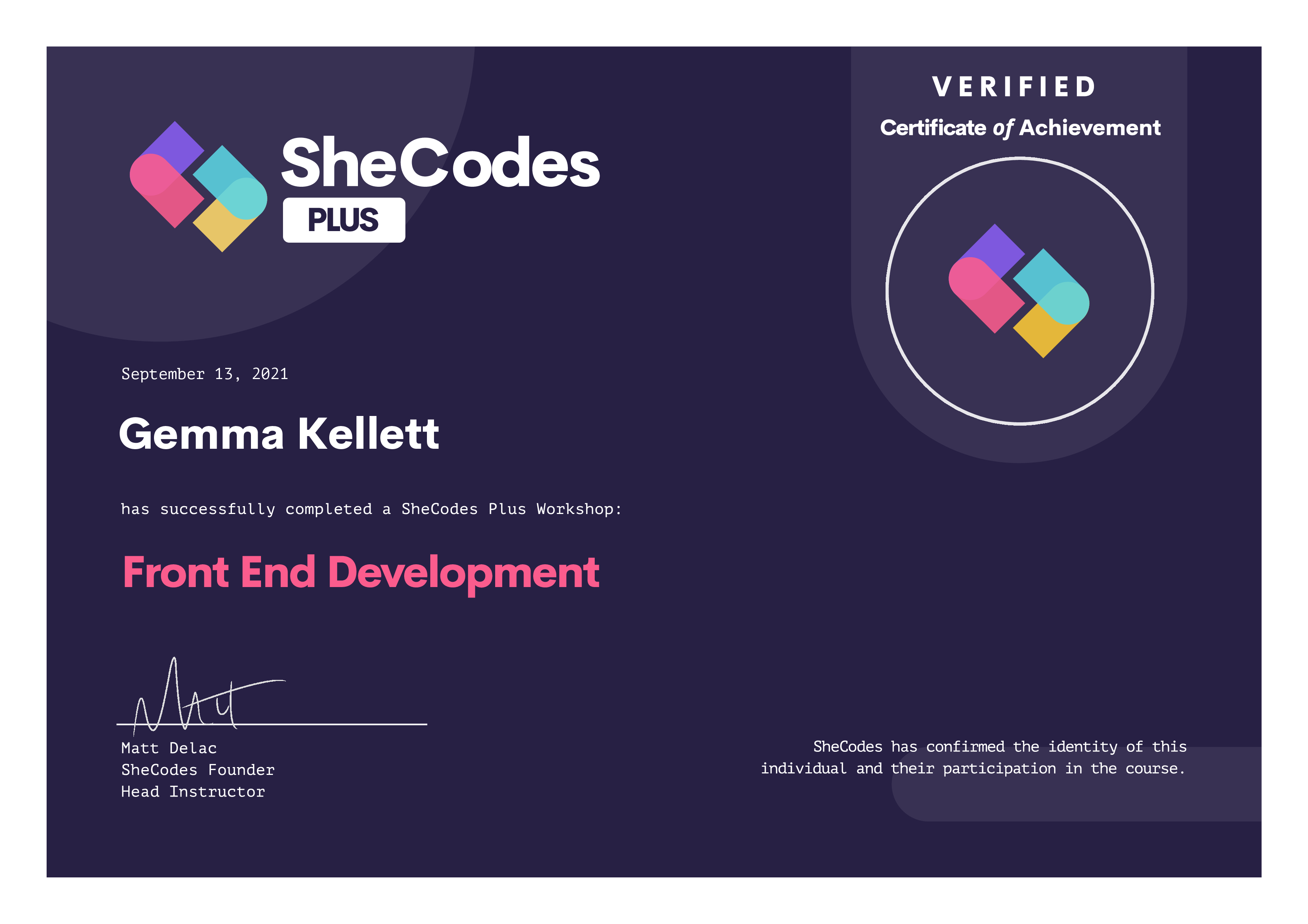 SheCodes Plus certificate