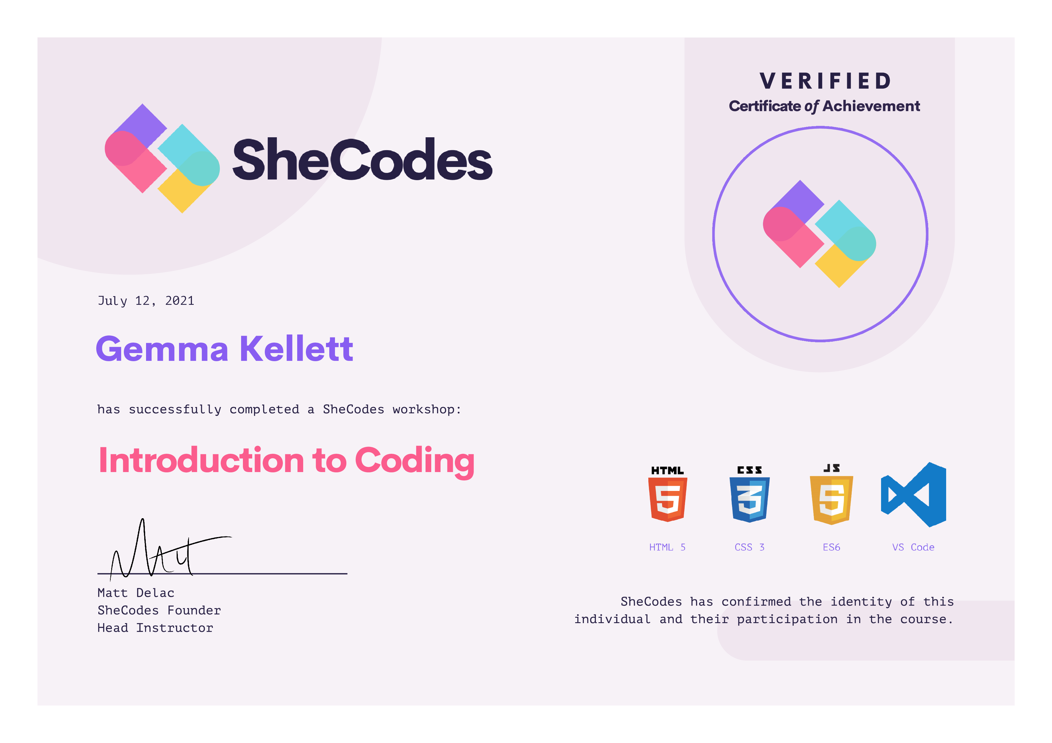 SheCodes certificate